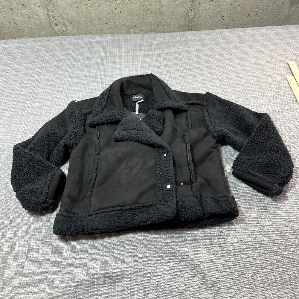 Faux Suede Jacket Womens Large Black Fleece‎ Arms and Lining Snap Up Cropped New